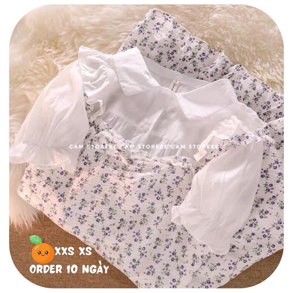 Set Váy Hoa Nhi Rút Dây Eo Mix Áo Sơ Mi Trắng