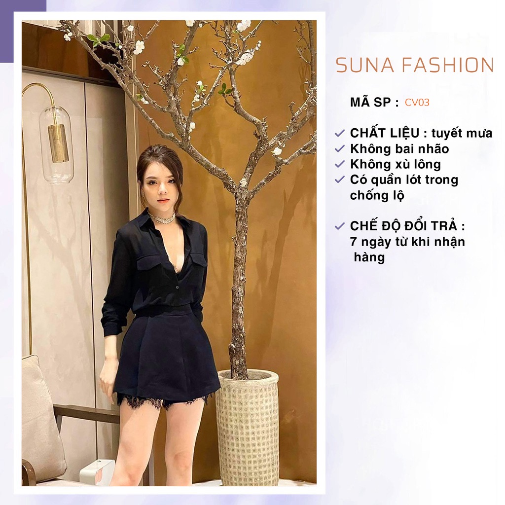 Chân váy ngắn lưng cao phối ren, Chân váy nữ viền ren chất tuyết mưa SUNA FASHION CV015