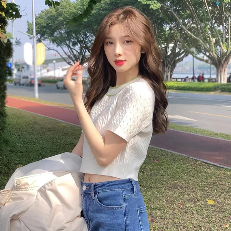 Áo Phông Áo Croptop Áo Thun Dệt Kim Tay Ngắn Cổ Tròn Màu Sắc Tương Phản Thời Trang Cho Nữ