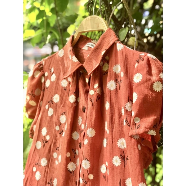 Đầm sơ mi tay ngắn hoa Linen Đũi -Nhà Của Moon