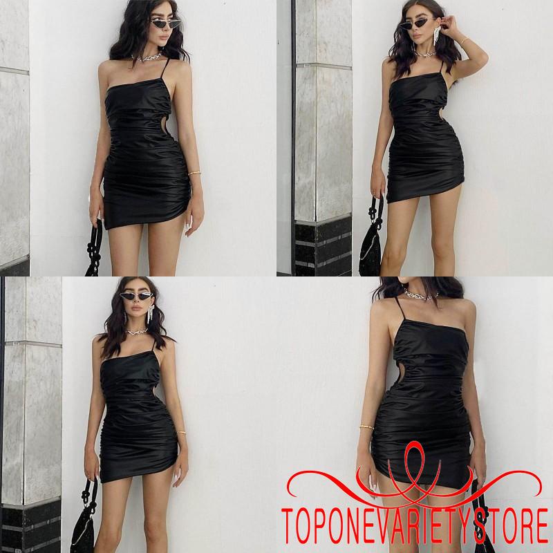 Đầm mini hai dây ôm hông xếp ly màu trơn khoét rỗng không tay cho nữ Topq