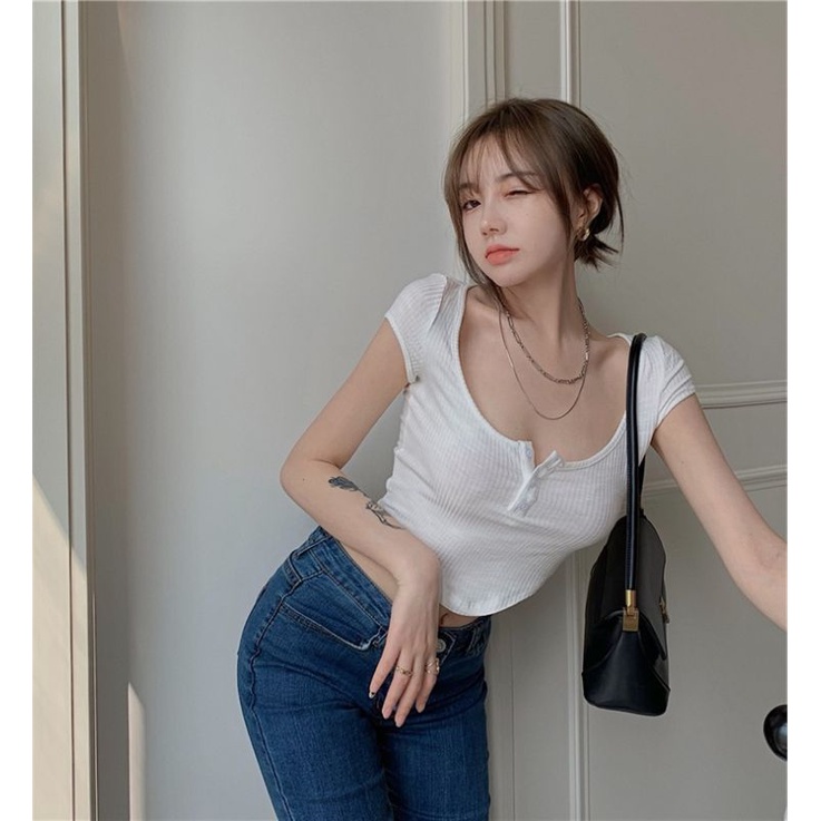 Áo croptop LORI nữ vạt bầu cúc cài - NHA