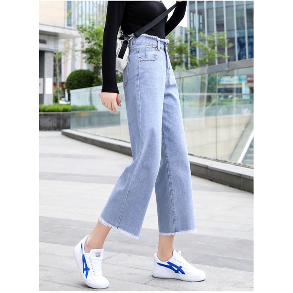 Quần Jean Ống Rộng Tua Gấu Nữ Thời Trang Cá Tính