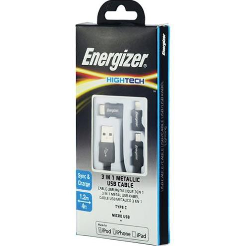 Cáp 3 trong 1 Micro USB - Lightning - USB Type-C Energizer Metallic 1.2m C13UBX3CF - Hàng chính hãng