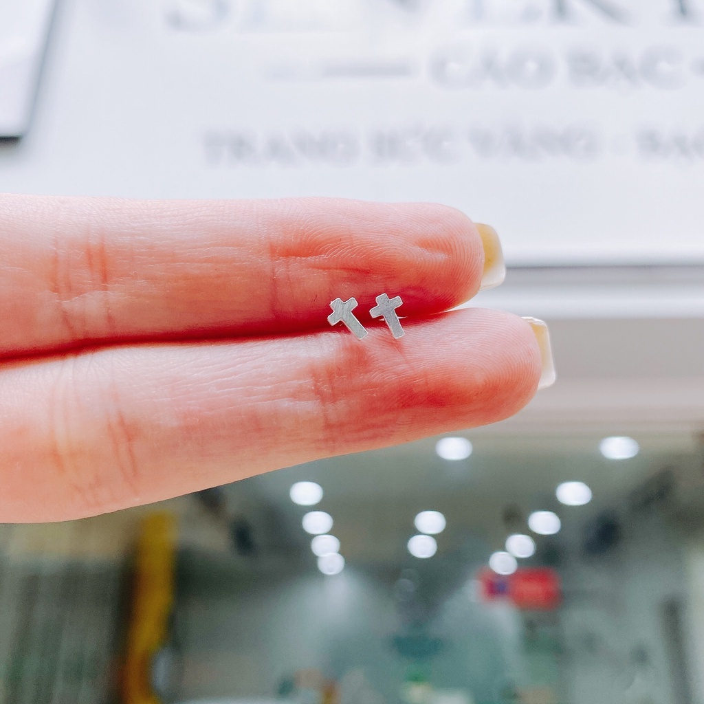 Khuyên Bạc Ta Cao Cấp CaoBac Silver Họa Tiết Chữ Thập Nhỏ Dễ Thương Thời Trang Phụ Kiện Trang Sức Unisex Cá Tính