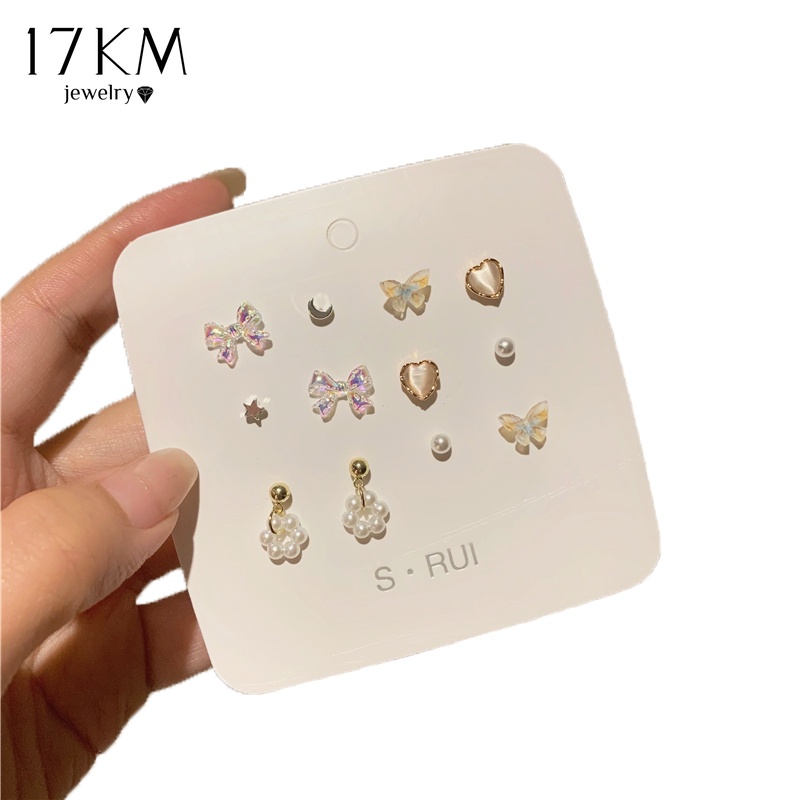 Bông tai 17KM đính hạt ngọc trai opal hình nơ trái tim bướm mặt trăng cho nữ