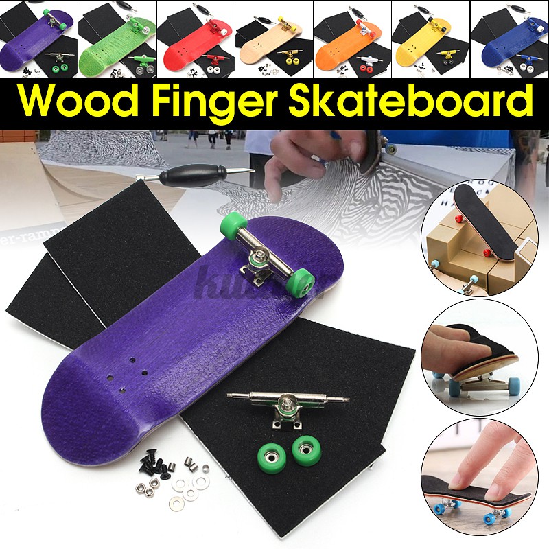 Complete Wooden Fingerboard Skate BoardWood with Bearings Foam Tape Grit Box 4'