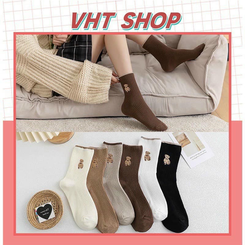 Tất nữ cổ cao vải cotton thêu hình chú gấu hoạt hình phong cách Hàn Quốc