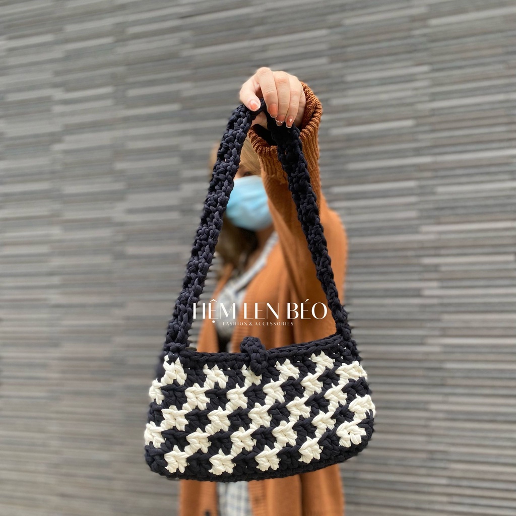 TÚI XÁCH KẸP NÁCH, XÁCH TAY HOẠ TIẾT SỌC CARO CHẤT LIỆU SỢI VẢI, CROCHET SHOULDER BAG