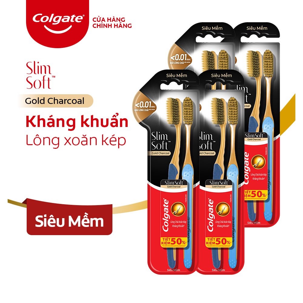 Bộ 8 Bàn chải Colgate Slimsoft Charcoal Gold kháng khuẩn than vàng