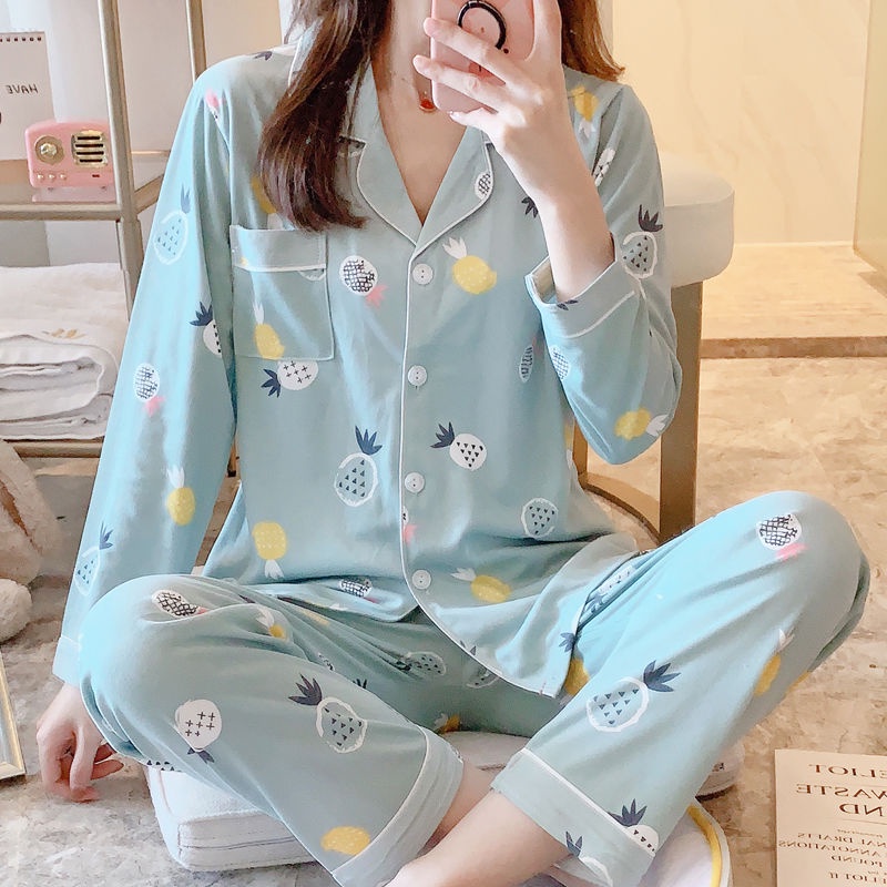 Bộ đồ ngủ tay dài cổ bẻ in họa tiết mặt trăng dễ thương thời trang thu đông cho nữ