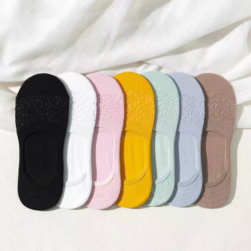 Vớ cổ thấp màu trơn chất liệu cotton silicon chống trượt phối lưới thời trang cho nữ