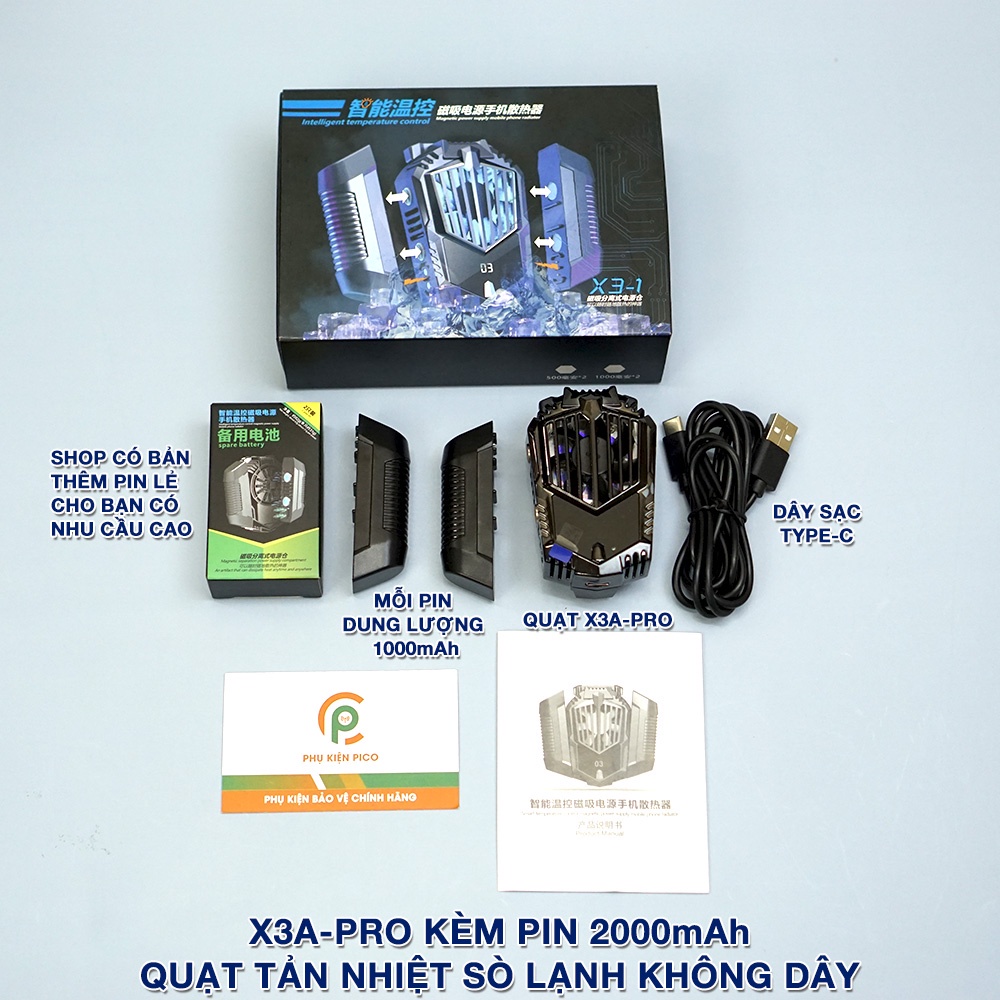 Quạt tản nhiệt điện thoại sò lạnh X3A Pro pin sạc 2000mAh - Quạt tản nhiệt sò lạnh X3A Pro pin sạc không dây