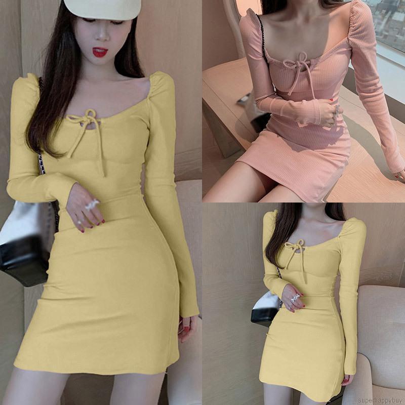 Đầm tay dài ôm dáng cổ vuông quyến rũ thời trang dành cho nữ