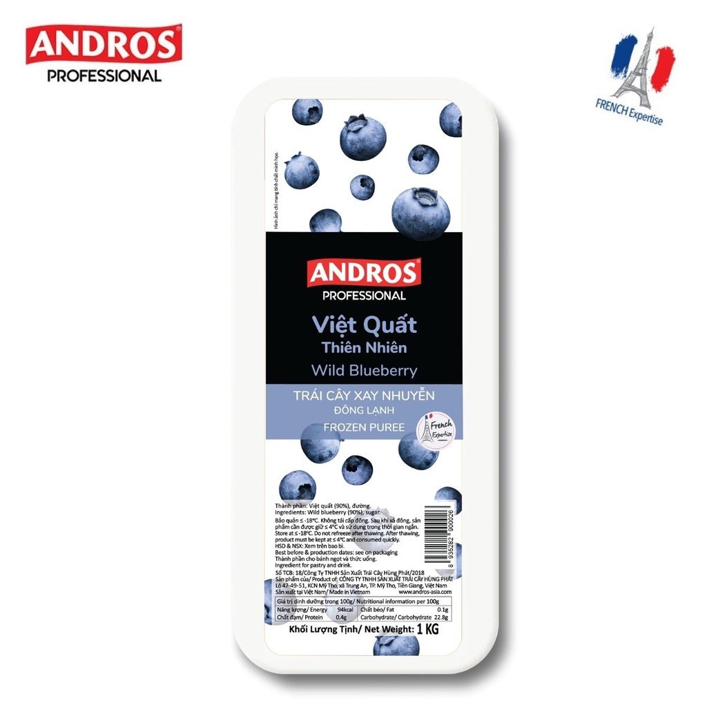 ANDROS - Việt quất puree đông lạnh ( Wild Blueberry Frozen Puree) - Trái cây xay nhuyễn - Hộp 1 KG