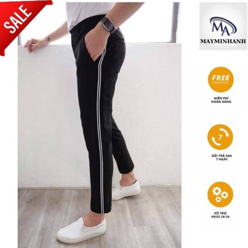 Quần tây nam hàn quốc, Quần Âu Nam phối Sọc viền ống Trắng Thời Trang vải mềm mát co giãn nhẹ