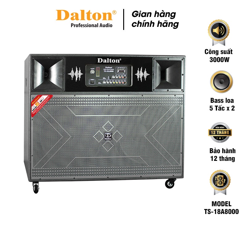 Loa kéo điện công suất lớn DALTON TS-18A8000 loa bass 5 tấc, công suất 3000W, tặng kèm 2 micro không dây UHF.