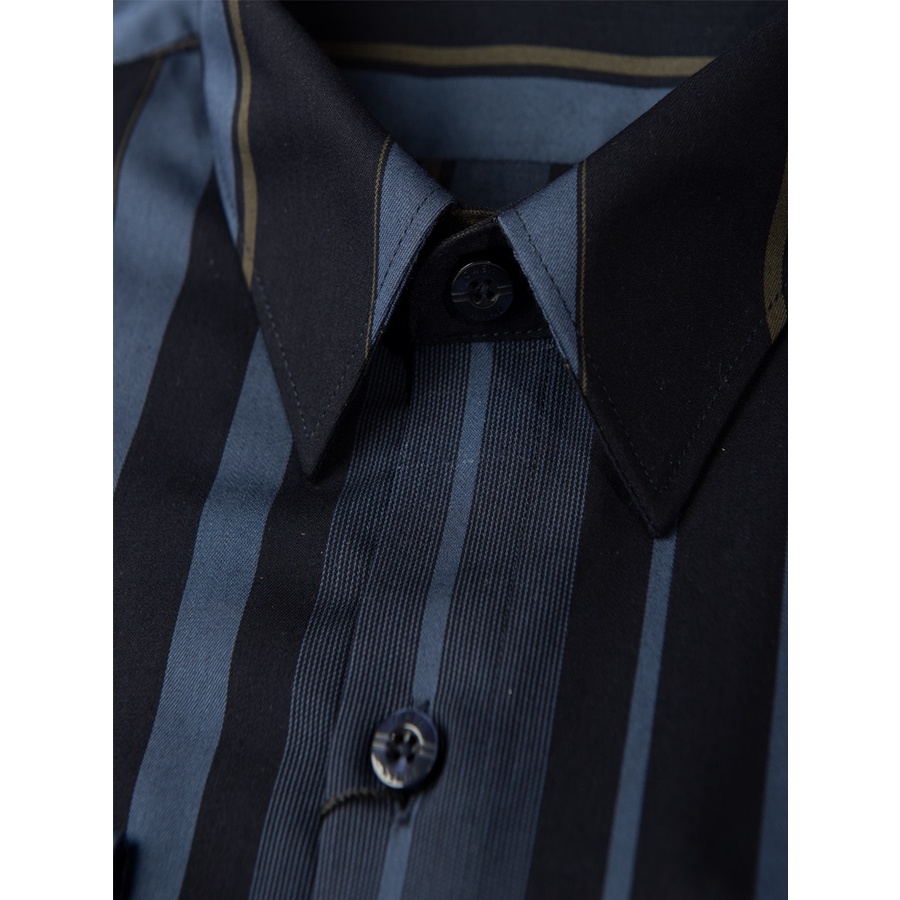 Áo Sơ Mi Nam Dài Tay OWEN AS220154D Somi Công Sở Vải Sợi Tre Cao Cấp Kẻ Sọc Xanh Be Nền Navy Dáng Ôm Tà Lượn Không Túi