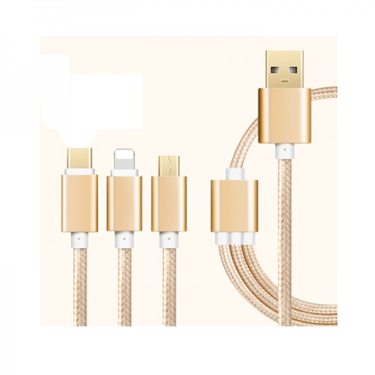 Cáp sạc 3 đầu bọc dù dài 1,2m (microUSB + lightning + Type-C )