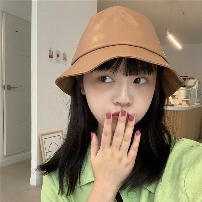 Mũ Bucket Chất Liệu Da Màu Trơn Thời Trang Thu Đông Phong Cách Hàn Quốc
