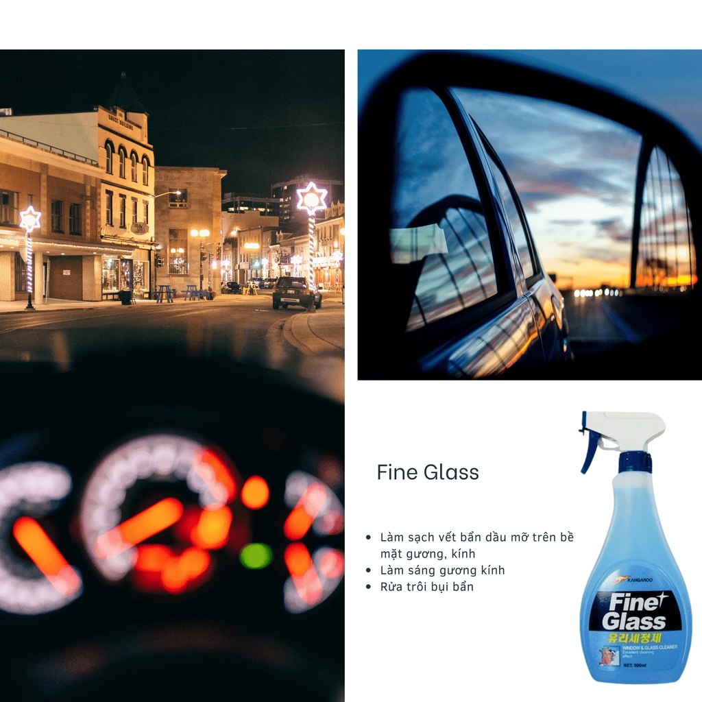 Chai xịt làm sạch kínhMỚI NHẤT rửa kính ô tô, gia đình Kangaroo Fine Glass 500ml