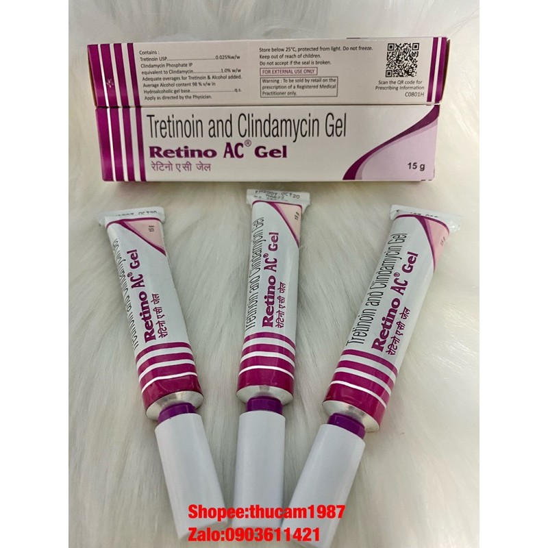 GEL Retino AC tretinoin 0.025% + Clindamycin 1% loại bỏ mụn viêm và chống lão hoá da 15g.