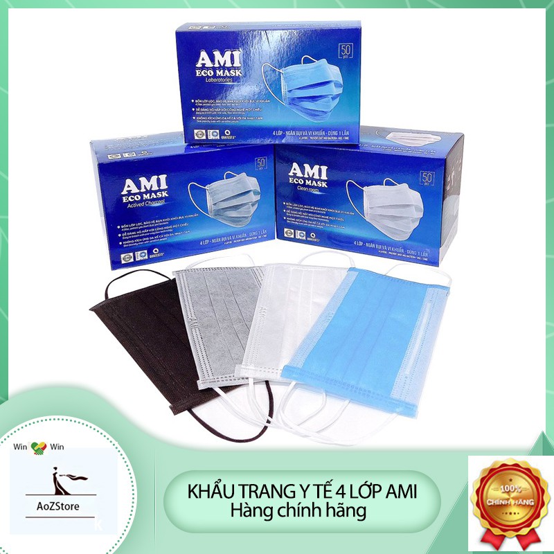 Khẩu trang y tế 4 lớp Ami 🌟 CHÍNH HÃNG 🌟 Hộp 50 cái kháng khuẩn, ngăn bụi mịn PM2.5