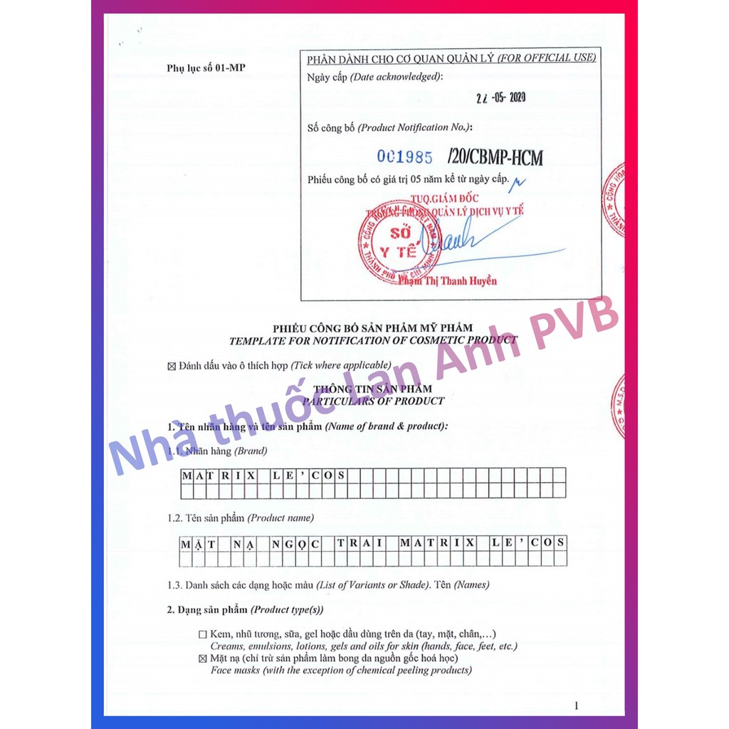 Mặt nạ MATRIX LE COS NGỌC TRAI.