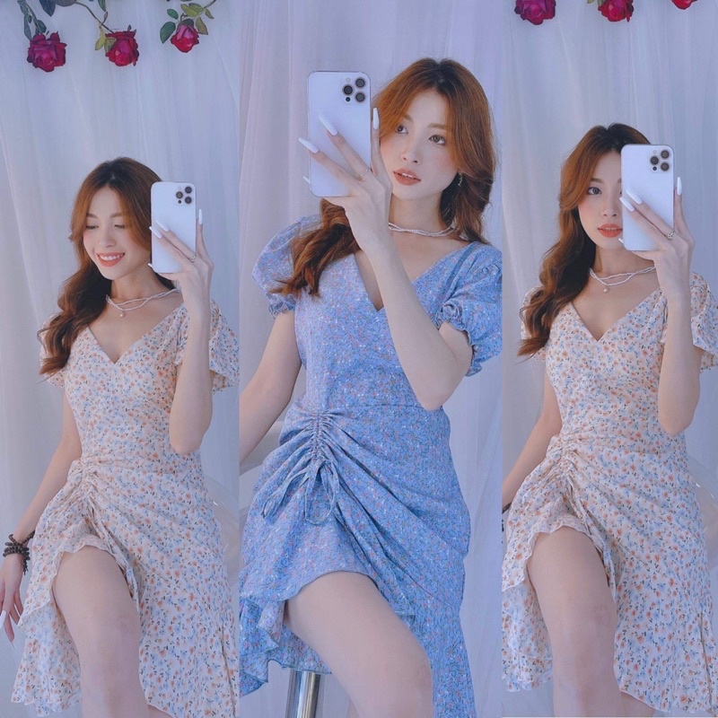 Đầm cổ tim tay phồng dây rút hông