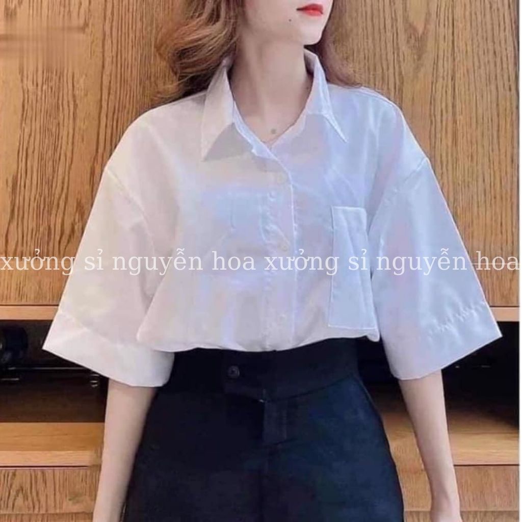 Áo sơ mi trắng unisex ngắn tay túi ngực form dáng rộng nam nữ mặc được Xưởng Sỉ Nguyễn Hoa