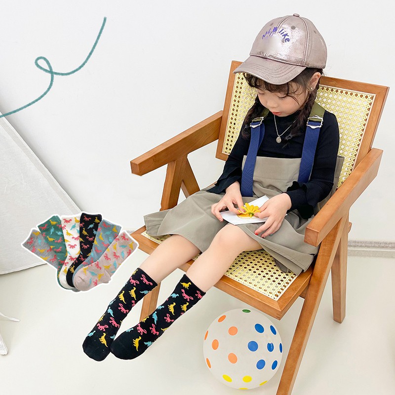Set 3 đôi vớ màu trơn họa tiết khủng long hoạt hình nhiều màu sắc cho bé