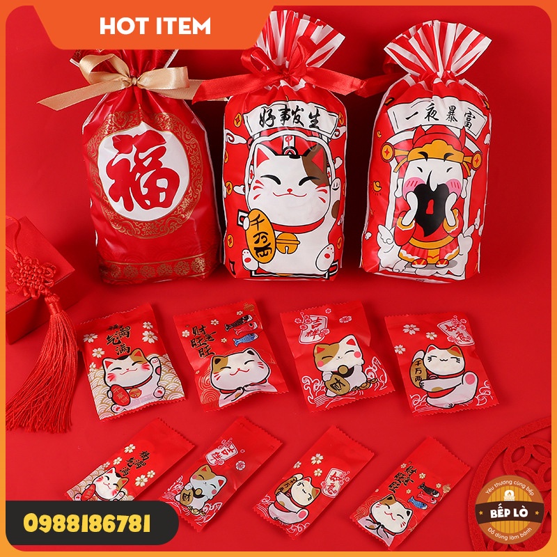 Túi Zip Tết - Túi Kẹo Nougat Tết - Túi Bánh Quy Tết -Túi Dây Rút Mèo May Mắn - Túi Đựng Bánh Kẹo
