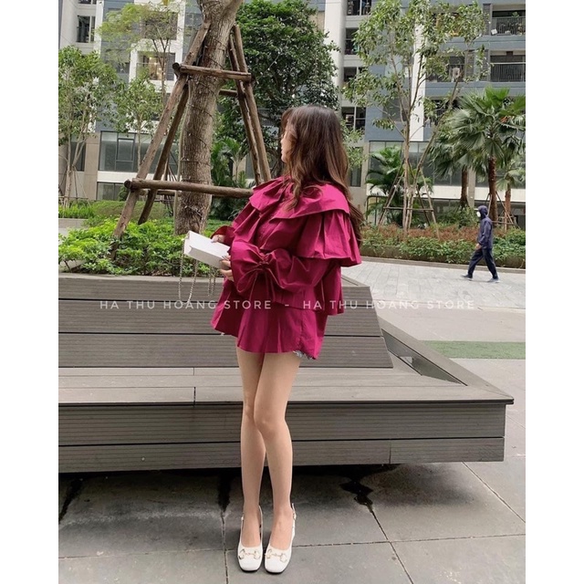Áo sơ mi bèo tầng tay phồng cổ tròn tay bài bo nơ xinh, áo sơ mi bèo tay bồng tầng xoè | BigBuy360 - bigbuy360.vn