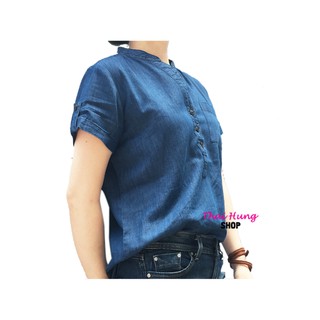 Áo sơ mi jean cổ trụ tay ngắn
