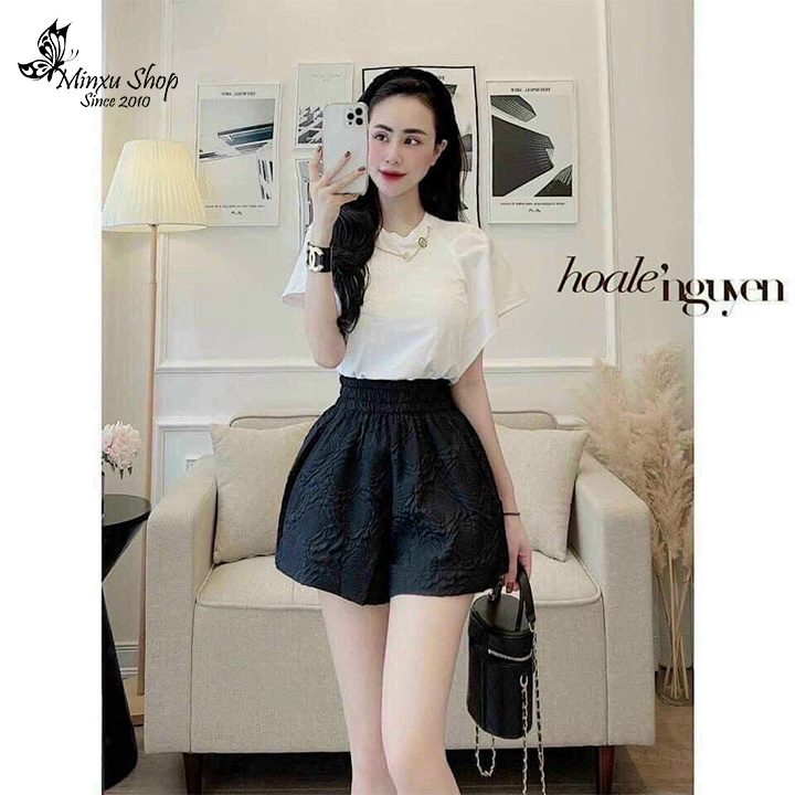 Quần đùi nữ cạp chun có 2 TÚI sâu to, quần short nữ lưng cao ống rộng vải xốp phồng 3D cao cấp Minxu Shop QX30