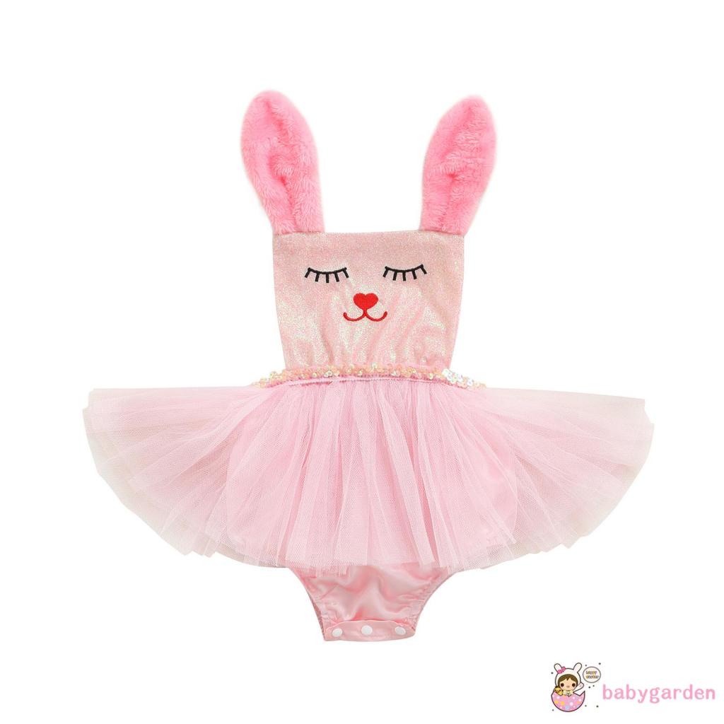 Bộ Áo Liền Quần Không Tay In Hình Thỏ Đính Kim Sa Dễ Thương Dành Cho Bé Gái 0-24 Tháng Tuổi