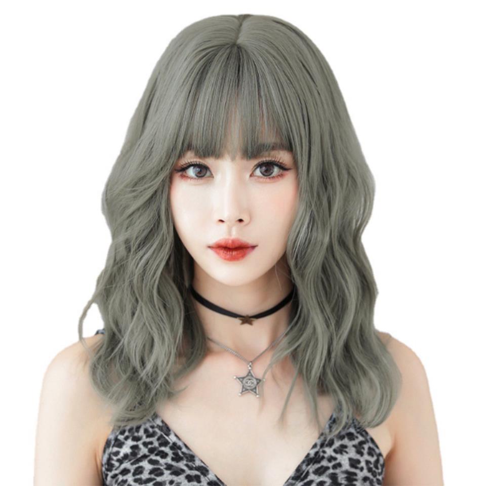 7JHH WIGS C-0318 Tóc Giả Nữ Giữa Chiều Dài Khăn Choàng Full Mũ Nước gợn Xanh Đảng Mùa Hè