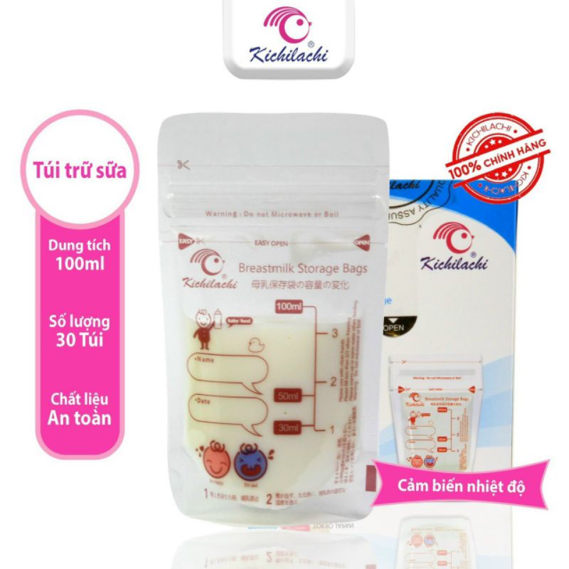 Hộp 30 Túi Trữ Sữa Cảm Biến Nhiệt Kichilachi 100ml