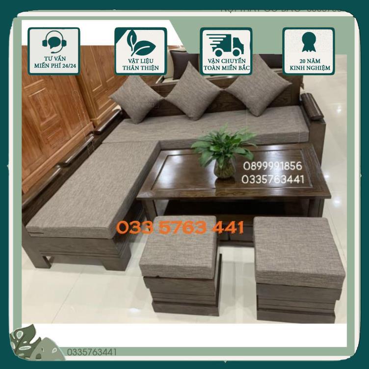 GIÁ GỐC - Sofa gỗ sồi nga 100% kích thước góc L 2mx1m8 kèm 1 đôn và bàn trà sofa