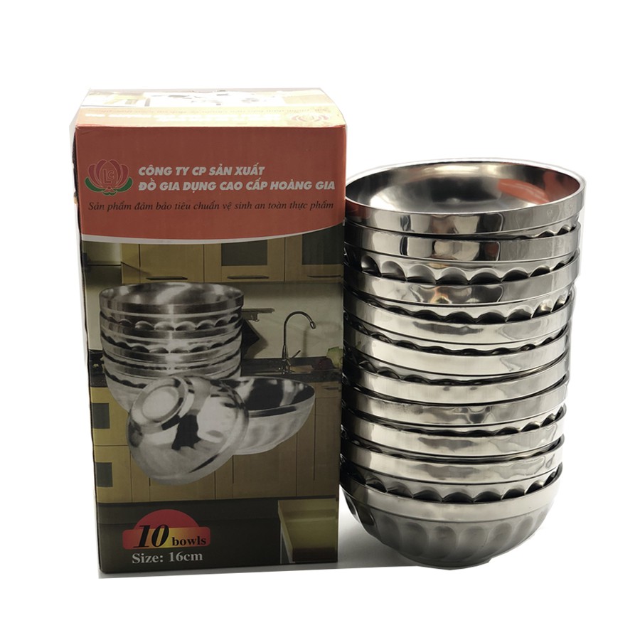 Bộ 10 bát tô Inox 2 lớp cách nhiệt Hoàng Gia mẫu xoắn cỡ 16cm