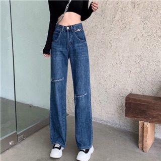 Quần jeans rách cạp cao ống suông