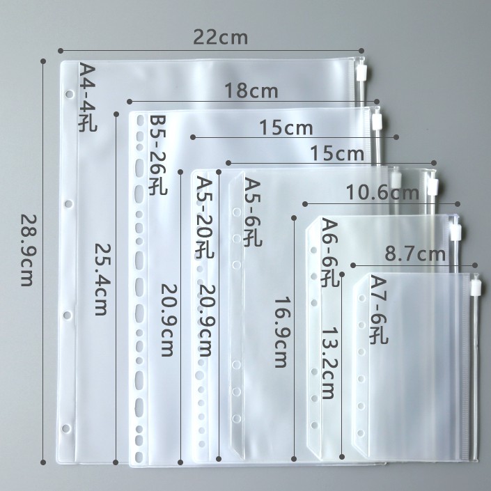 Túi PVC chống thấm nước khổ A4 / B5 / A5 / A6 / A7 4 / 6 / 9 / 20 / 26 lỗ tiện dụng