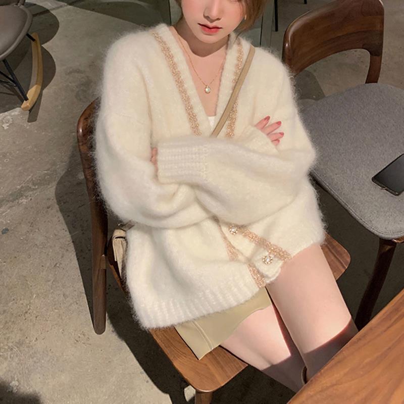 Áo Khoác Cardigan Dệt Kim Vải Nhung Dáng Rộng Thiết Kế Mới Thời Trang Mùa Thu Đông Dành Cho Nữ