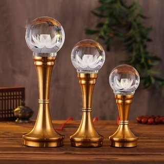 Đôi đèn thờ led đèn cầu pha lê hoa sen, thân nâu chân vàng