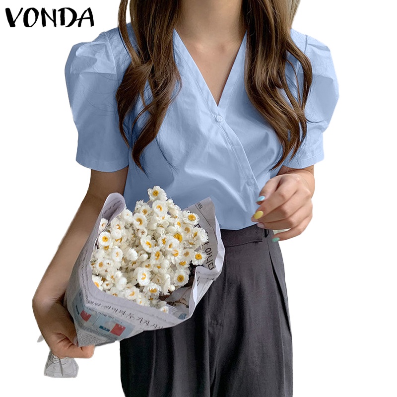 Áo kiểu VONDA tay ngắn cổ chữ V cài nút màu trơn phong cách Hàn Quốc dành cho nữ
