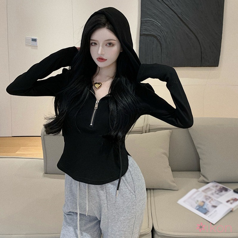 Áo Thun Có Mũ Trùm Và Khóa Kéo Màu Sắc Đơn Giản Thời Trang Hàn Quốc Cho Nữ