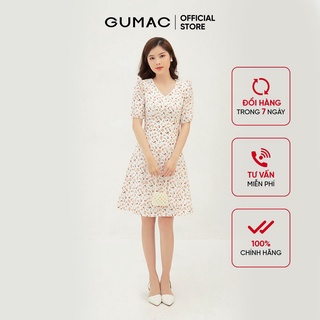 Đầm xòe nữ họa tiết hoa nhí phối bèo GUMAC màu kem DB3105