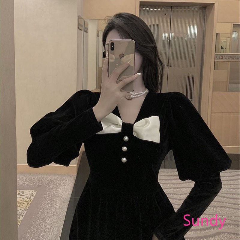 Đầm Nhung Tay Phồng Đính Nơ Thời Trang Thu Đông Cho Nữ