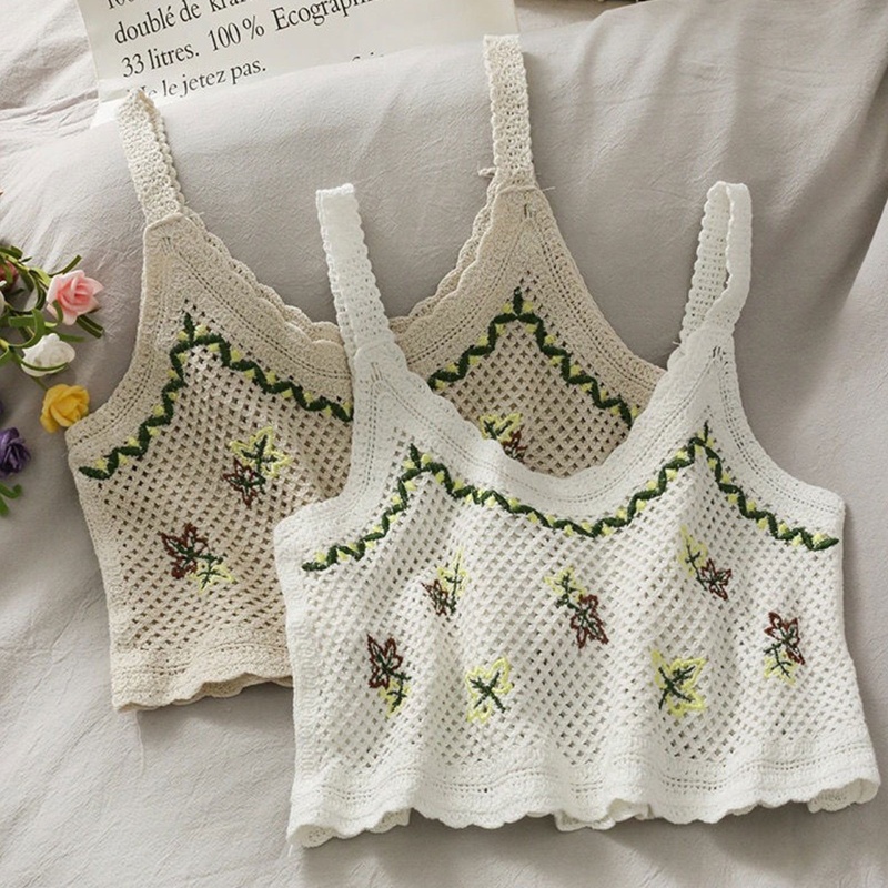 Áo Croptop Dệt Kim Hai Dây Thêu Hoa Gợn Sóng Phong Cách Vintage Cho Nữ