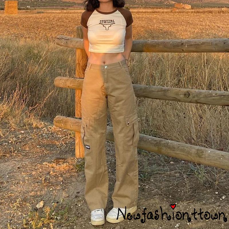 ღtwღLadies Solid Color Casual Pants, Summer Autumn Girls Retro Style Long Straight-leg Trousers with Pockets for